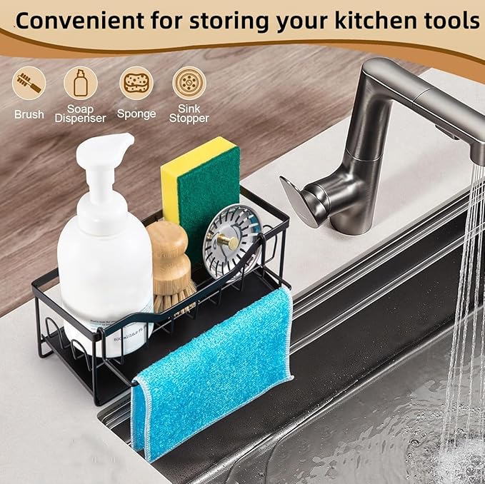 Sponge Holder for Kitchen Sink - Sink Caddy Organizer with Auto Drain Tray, Detachable Towel Rack, Stainless Steel Kitchen Counter Organizer Rack, Black-NeatNest