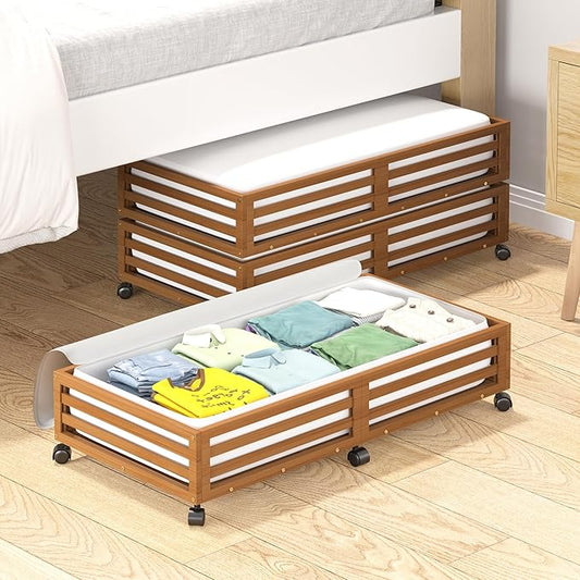 Bamboo Under Bed Storage Containers- Underbed Organizer with Wheels with Large Capacity Dust Bag,Sturdy Wood Rolling Under Bed Shoe Storage Organizer 2 Packs (Walnut, 2 Packs (33.07"×16.54"))-NeatNest