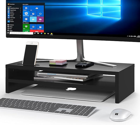 BONTEC Wood Monitor Stand Riser, 2-Tier Desktop Organizer with Storage, Ergonomic Computer Stand for Desk, Cable Management, Cellphone Holder, 21.3 Inch Shelf, Black-NeatNest