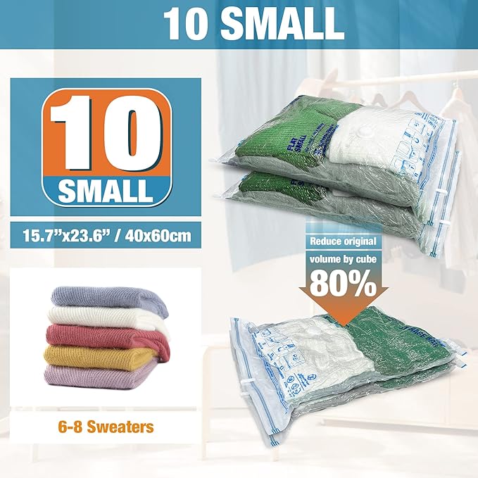 Vacuum Storage Bags, 10 Small Space Saver Vacuum Seal Bags, Space Bags, Vacuum Sealer Bags for Clothes with Travel Hand Pump (10S)-NeatNest