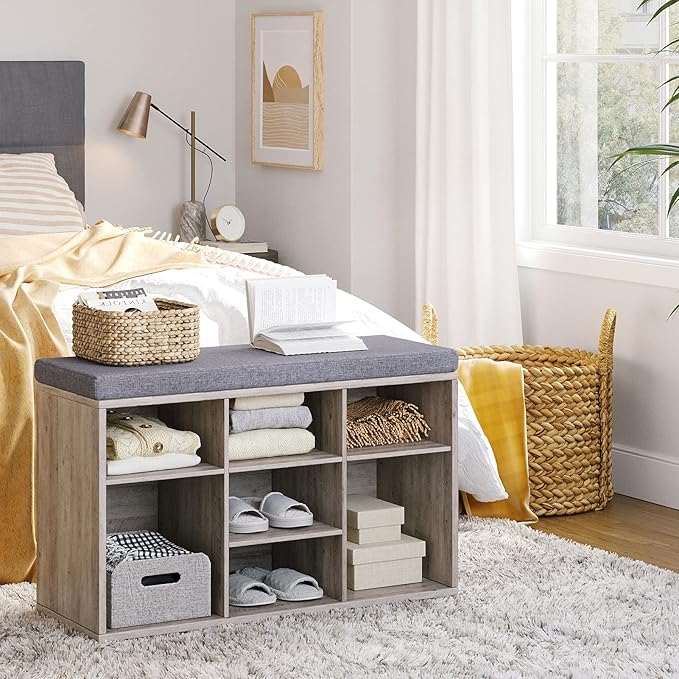 DINZI LVJ Shoe Bench, 9 Cubbies Shoe Organizer for Entryway, Storage Bench with Cushion, Cubby Shoe Rack with Adjustable Shelves for Living Room, Bedroom, Mudroom, Hallway, Greige-NeatNest