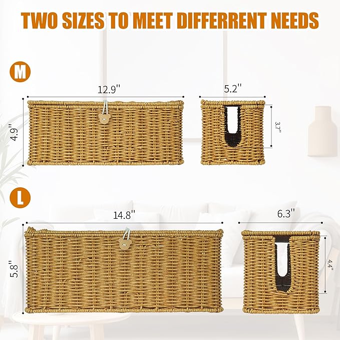 Cable Management Box, Upgrade 2PCS Large & Extra Large Cable Organizer Box, Handmade Rattan Floor Cord Covers with 4 Open Slots, Cord Box Hider for Power Strips, Wires Storage