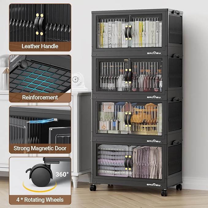 180Qt Stackable Storage Bins with Lid, Extra Large Closet Organizer Collapsible Drawer Boxes with Wheels, Folding Plastic Cabinet Containers for Home Kitchen Room Organization, 3Pack Black