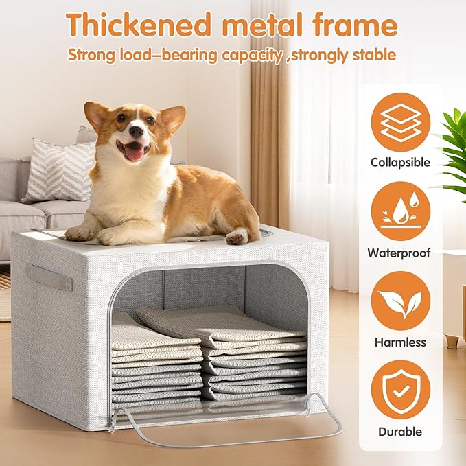 3 Pack Clothes Storage Bins with Metal Frame, Stackable & Foldable Linen Storage Box with Lids, Closet Organizers And Storage For Bedding, Blanket, Sweater, Baby Clothes. (Large 66L)-NeatNest