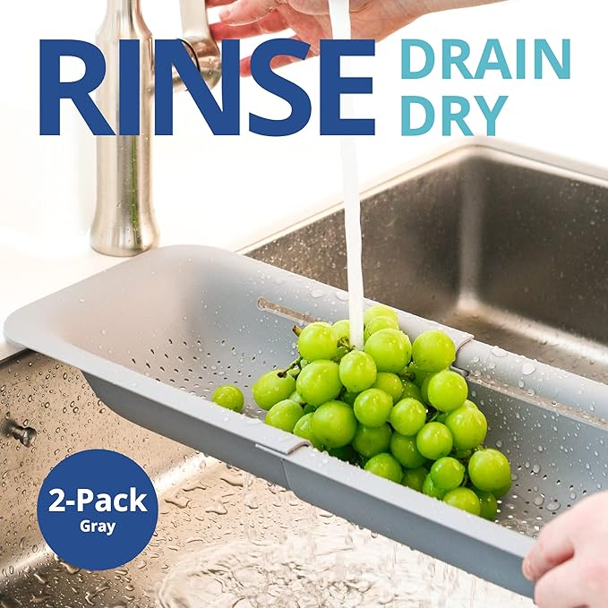 BLUE GINKGO Sink Colander Baskets - (Pack of 2) Wash Vegetables and Fruits, Drain Cooked Pasta and Dry Dishes - Extendable - New Home Kitchen Essentials (2 Grey)