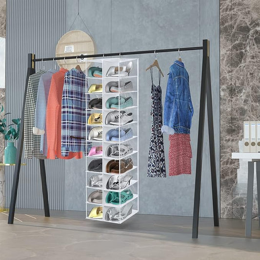 coastal rose Hanging Shoe Organizer for Closet, 20 Sections Hanging Closet Organizers and Storage Shelves, Space Saving Shoe Storage Rack Holder, Transparent White, 12''W×12''Dx 50''H-NeatNest