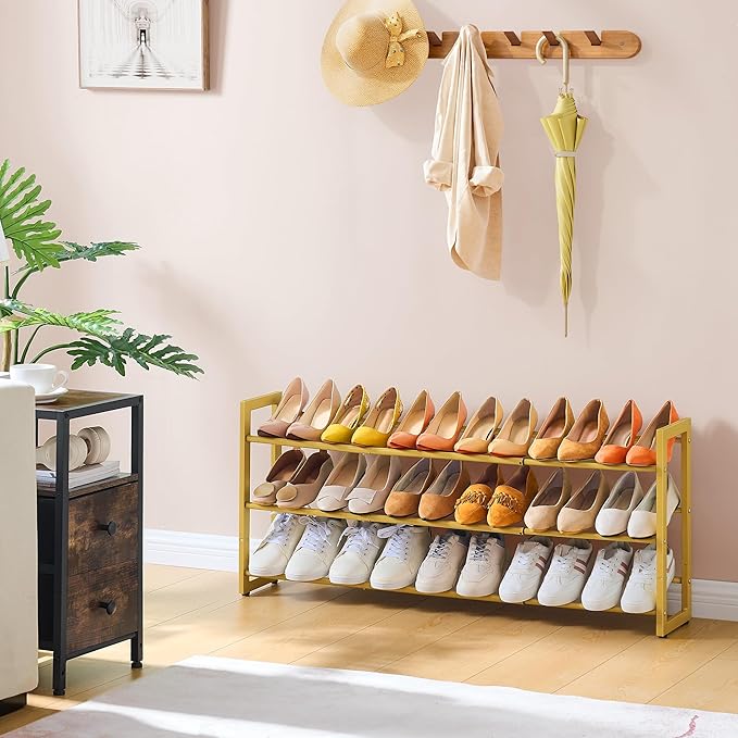 FAVOOSTY 3-Tier Expandable Shoe Rack, Adjustable Shoe Shelf Storage Organizer Space Saving Metal Free Standing Shoe Rack for Entryway Closet Doorway, Gold-NeatNest