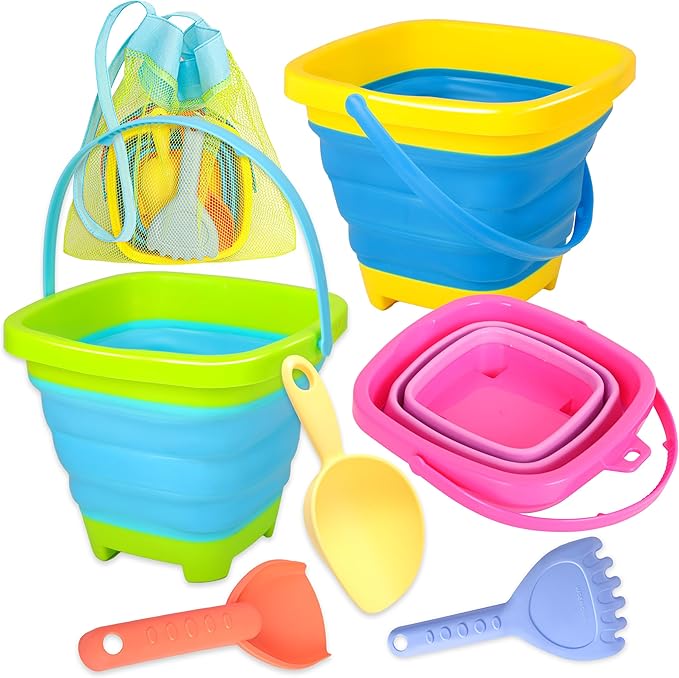 Collapsible Beach Sand Bucket 3 Packs Foldable Buckets Set with Shovels & Mesh Bag Collapsible Beach Toys for Kids Summer Sand Buckets for Kids Cruise Beach Essentials-NeatNest