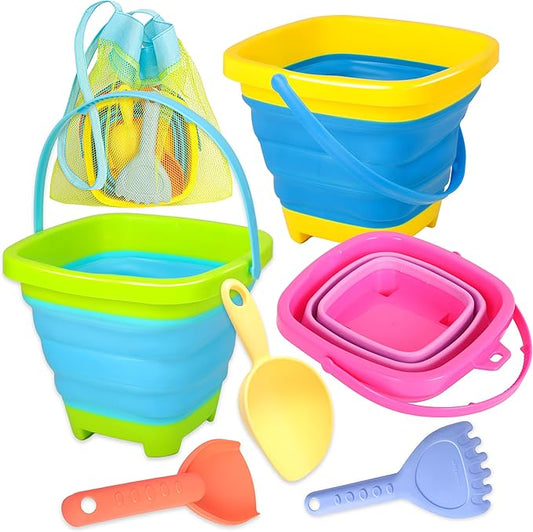 Collapsible Beach Sand Bucket 3 Packs Foldable Buckets Set with Shovels & Mesh Bag Collapsible Beach Toys for Kids Summer Sand Buckets for Kids Cruise Beach Essentials-NeatNest