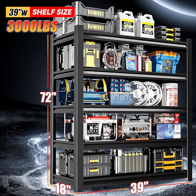39" W Garage Shelving,5-Tier Heavy Duty Shelving Unit,3000LBS Adjustable Metal Storage Shelves,Storage Rack Units for Industrie,Shed,Warehouse,Basement,Black,39" W x 18" D x 72" H-NeatNest
