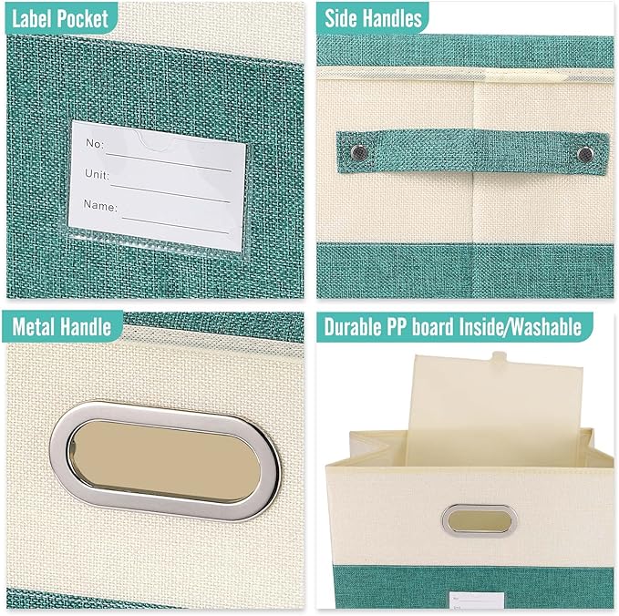 Large Linen Fabric Foldable Storage Bins with Removable Lid and Handles, Washable Storage Box Organizer Containers Baskets Cube with Cover for Bedroom,Office (Turquoise&Cream, Large(2-Pack))-NeatNest
