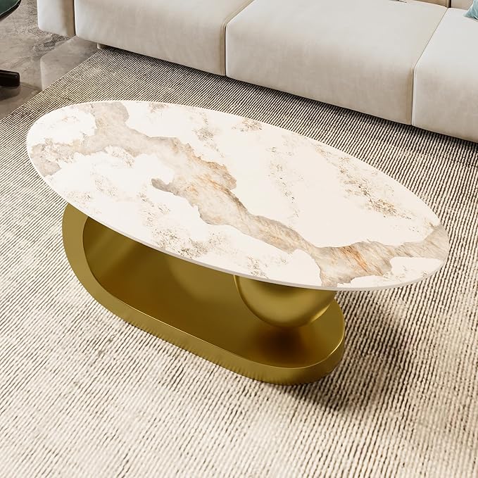 47.2" Modern Oval Coffee Table Marble Pattern Sintered Stone Tabletop Gold Stainless Steel Base End Tables Center Table Sofa Table for Living Room Office Bedroom Balcony, White & Gold