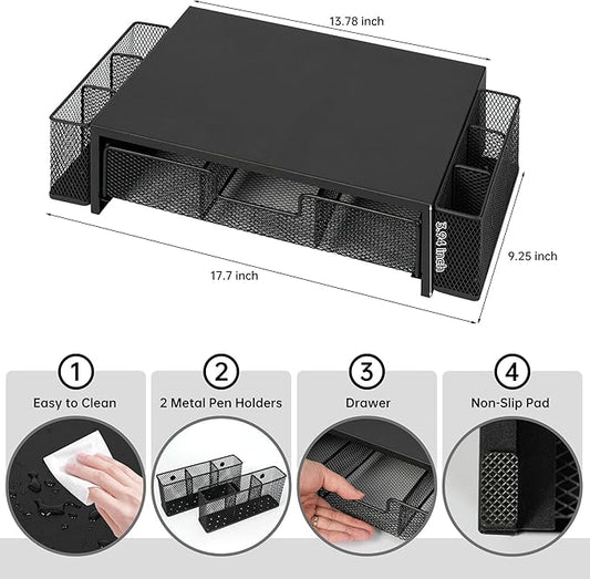 Computer Monitor Stand Riser with Drawer and Pen Holders, Desk Organizer Shelf and Accessories, Office Desk Accessories, Office Organization, Black-NeatNest