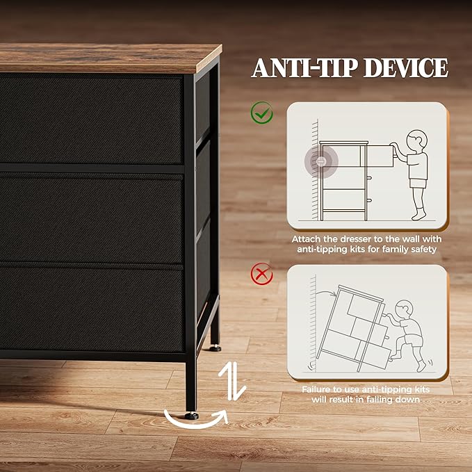 Huuger 63 Inch Dresser for Bedroom, Long Dresser with 10 Fabric Drawers, TV Stand for 55, 65, 70 Inch TV, Toy Storage Organizer for Closet, Rustic Brown and Black-NeatNest