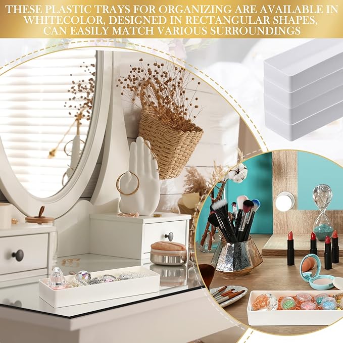4 Pack Plastic Drawer Organizer 9.5 x 3 x 1.4 Inch Tabletop Organizer Tray Stationery Holder White Half Accessory Tray Stackable Storage Container for Vanity Office Home Utensils Gadgets Shelf Kitchen-NeatNest