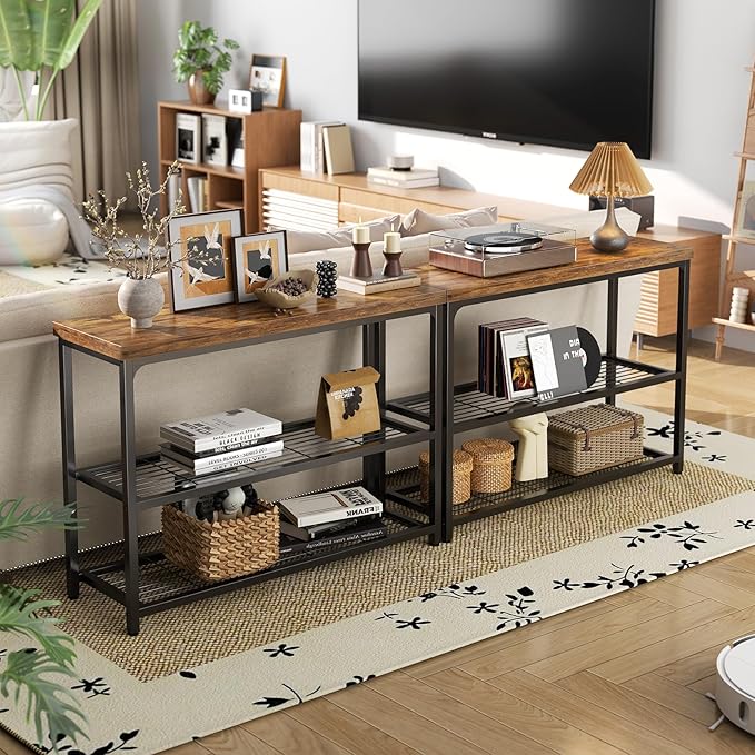 47" Console Table, 3-Tier Entryway Table, Sofa Table with Mesh Shelves, Console Tables for Living Room, Bedroom, Hallway, Entryway, Foyer, Rustic Brown-NeatNest