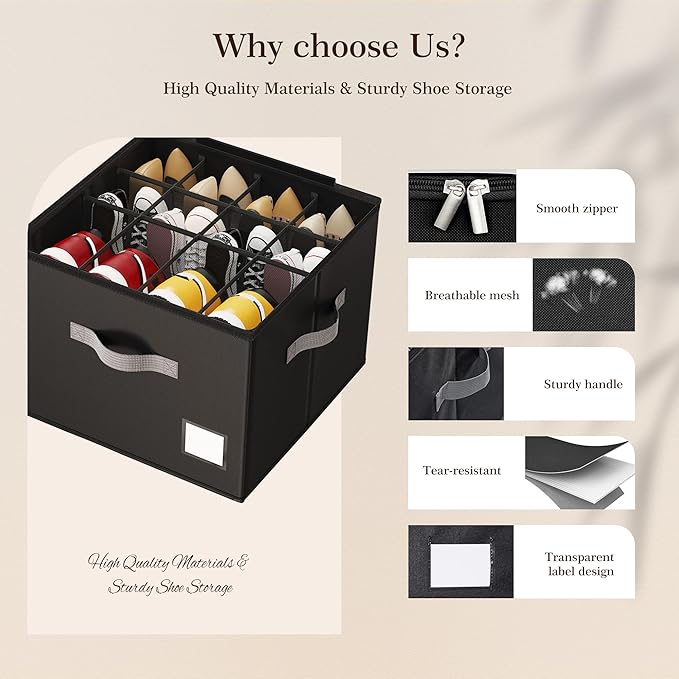 Criusia Shoe Organizer for Closet, Foldable Shoe Storage Organizer with Clear Cover and Sturdy Handles, Fit 12-16 Pairs, Closet Organizer for Shoes Sneakers Sandals Heels, 2 Pack, Black-NeatNest