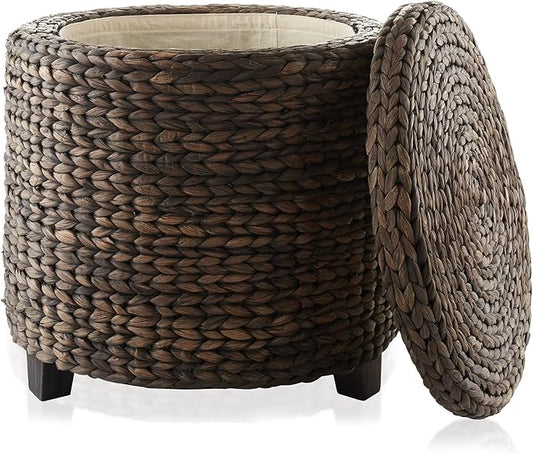 Casafield 17" Round Storage Ottoman with Lid - Espresso, Handwoven Water Hyacinth Footstool for Living Room, Bedroom, Bathroom, Home Office-NeatNest