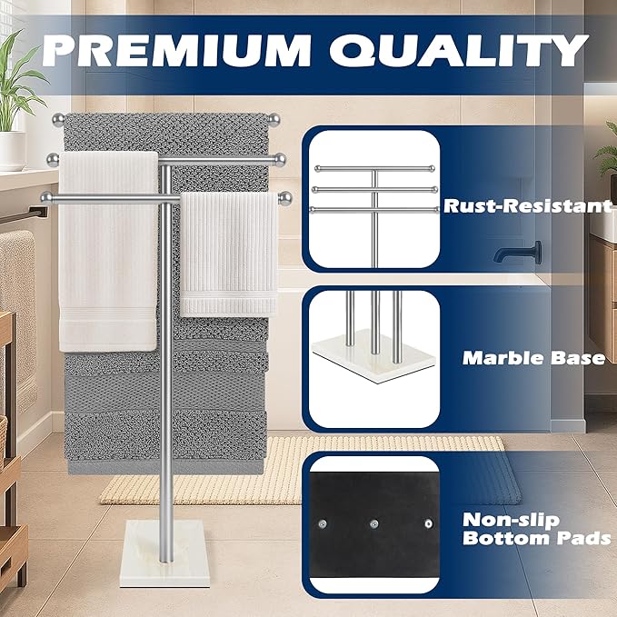 Freestanding Towel Rack 3-Tier, Towel Rack Stand with Marble Base, Stable Towel Racks for Bathroom Freestanding, White