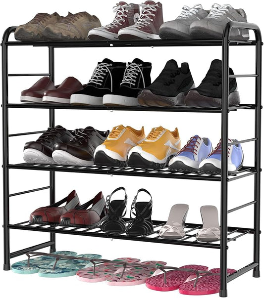 REGILLER 4-Tier Stackable Shoe Rack, Expandable & Adjustable Shoe Organizer Storage Shelf, High Capacity, Wire Grid, Black-NeatNest