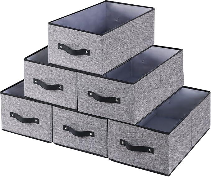 Clothing Storage Bins,16.1 × 9.8 × 6.5 inches Closet Bin with Handles, Foldable Cubes, Fabric Containers for Organizing Shelves, Gray, Large, 6 Pack-NeatNest