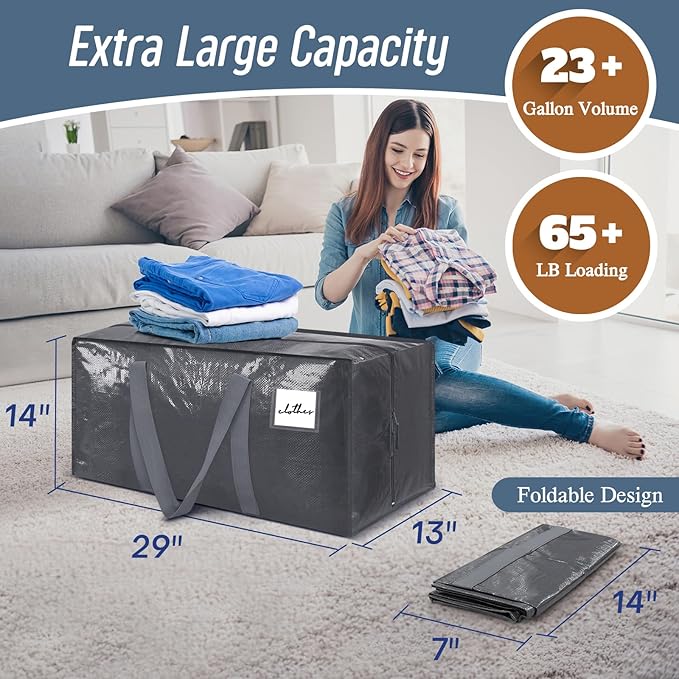 12 Pack Extra Heavy Duty Large Moving Bags with Strong Zipper & Comfortable Handles, Sturdy & Durable Clothes Storage Bags Totes Bins, Packing Moving Boxes for College Supplies, Gray-NeatNest