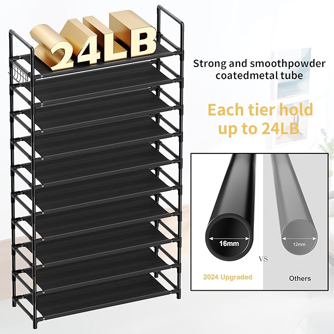 Shoe Rack, 10 Tier Shoe Storage Organizer with Hooks,Fit 40-45 Pairs Shoes,Metal Tall Shoe Shelf for Closet,Entryway, Hallway,Garage,Bedroom,Cloakroom-NeatNest
