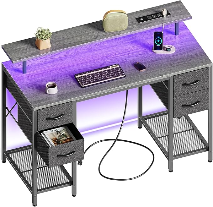 Huuger 47 inch Computer Desk with 4 Drawers, Gaming Desk with LED Lights & Power Outlets, Home Office Desk with Large Storage Space for Bedroom, Work from Home, Grey-NeatNest