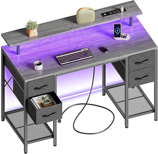 Huuger 47 inch Computer Desk with 4 Drawers, Gaming Desk with LED Lights & Power Outlets, Home Office Desk with Large Storage Space for Bedroom, Work from Home, Grey-NeatNest