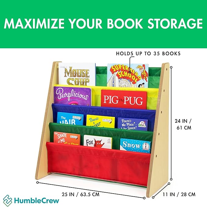 Humble Crew 4-Tier Kids Bookshelf, Natural Wood/Primary - Premium Book Shelf for Kids Rooms with Four Deep Pockets - Toddler Sling Book Rack with Deep Sleeves, Nursery Bookcase Organizer
