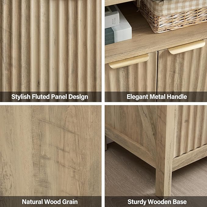 32 Inch Fluted Sideboard Buffet Cabinet with Storage, Modern Farmhouse Accent Credenza with Adjustable Shelves, Coffee Wine Bar for Kitchen, Living Room (Sunwashed Ash Oak, Set of 2)