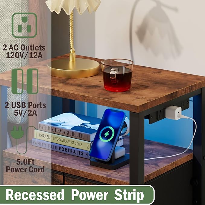 Furnulem Dresser for Bedroom, Tall Nightstand, Bedside Table with Charging Station, LED Light, Fabric Bins, Night Stand with Wood Shelf, Small Furniture for Entryway, 33 Inch (4 Drawer, Rustic Brown)