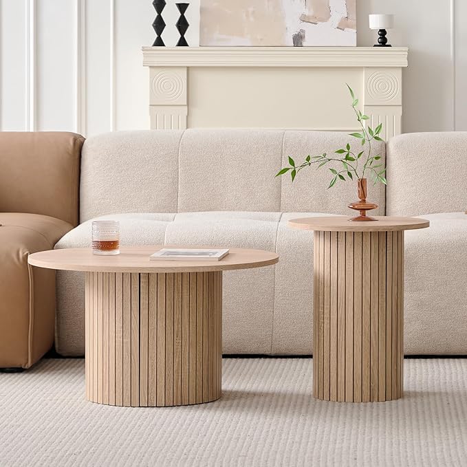 Round Nesting Coffee Tables Set of 2 -φ27.6 Large Short + φ15.8 Small Tall Boho Circle Side Tables with Fluted Drum Design