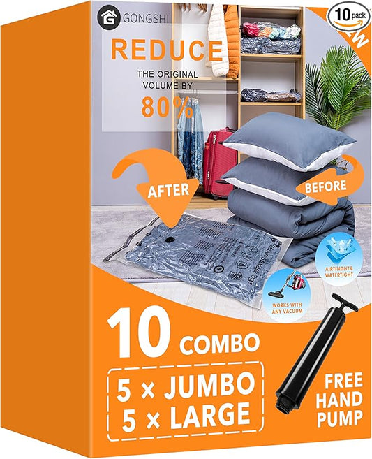 Vacuum Storage Bags (5 x Jumbo, 5 x Large), Space Saver Sealer Compression Bags with Travel Hand Pump for Blankets, Comforters, Pillows, Clothes Storage-NeatNest