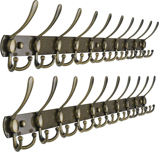 Dseap Coat Rack Wall Mount - 38” Long 10-Tri-Hooks Heavy Duty Coat Hanger Rail Wall Hooks for Hanging Coats Hats Clothing Clothes Purse Mudroom Entryway, Bronze, Pack of 2-NeatNest