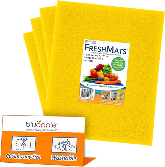 Bluapple FreshMats, Refrigerator Bin Liner, Fridge Drawer Mats, Crisper Life Extender Liner Keeps Produce Fresh Longer, Anti-Bruising, for Air Circulation, Washable & Reusable (4-Mats, 12x15, Yellow)
