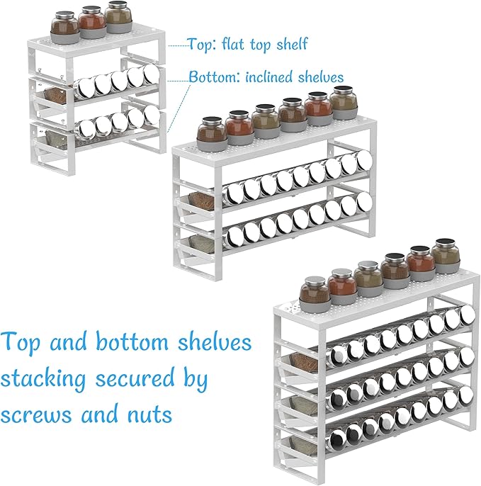 Expandable, Stackable, Adjustable Spice Rack Kitchen Organizer,Metal Pantry Storage Shelves - Multi-Tier Shelf for Cabinet, Countertop, Pantries, Cupboard or Wall Mount,White-NeatNest