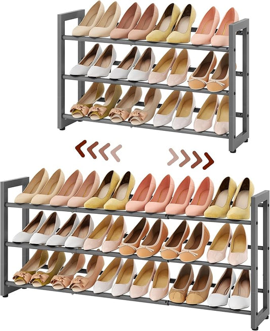 FAVOOSTY 3-Tier Expandable Shoe Rack, Adjustable Shoe Shelf Storage Organizer Space Saving Metal Free Standing Shoe Rack for Entryway Closet Doorway, Silver Grey-NeatNest
