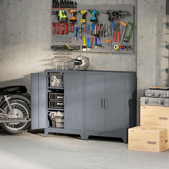 HOMCOM Industrial Storage Cabinet, Steel Garage Cabinet with Double Doors and Adjustable Shelves, Grey