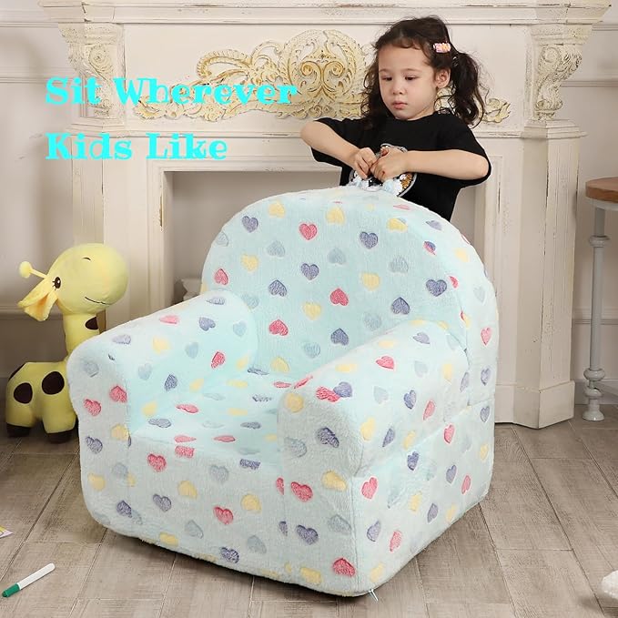 Colorful Heart Kids Sofa with Star Throw Pillow, High Back Toddler Chair Glow in The Dark for Boys and Girls, Lake Blue-NeatNest