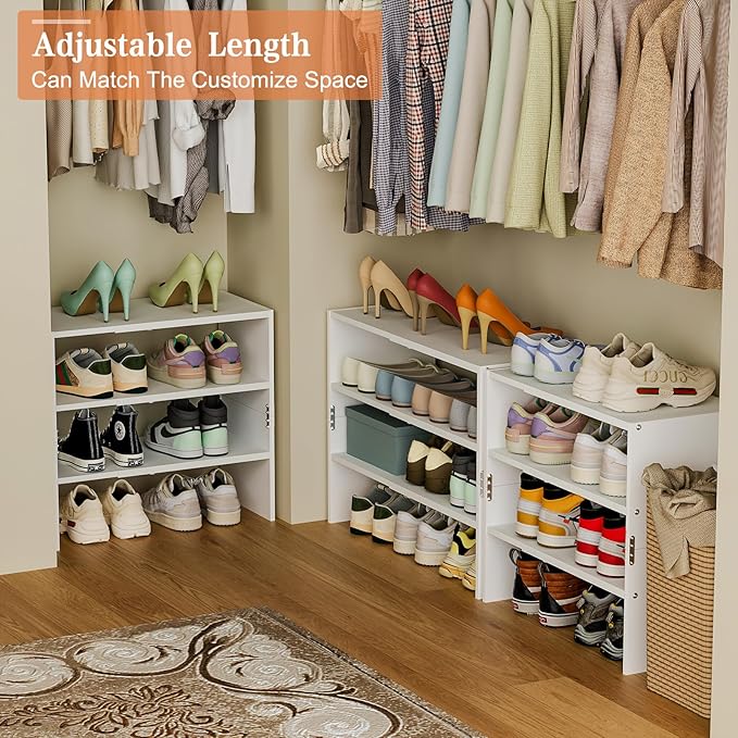 White Shoe Rack Organizer for Closet, 3-Tier Expandable Shoe Shelf, Stackable Iron Wood Combination Shoe Racks Shelves for Closets, Entryway,Small Space,Hallway,Garage,Holds 8-16 Pairs of Shoes-NeatNest