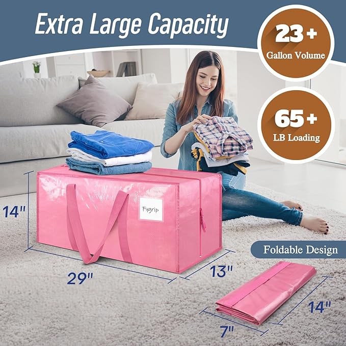 12 Pack Extra Heavy Duty Large Moving Bags with Strong Zipper & Comfortable Handles, Sturdy & Durable Clothes Storage Bags Totes Bins, Packing Moving Boxes for College Supplies, Pink-NeatNest