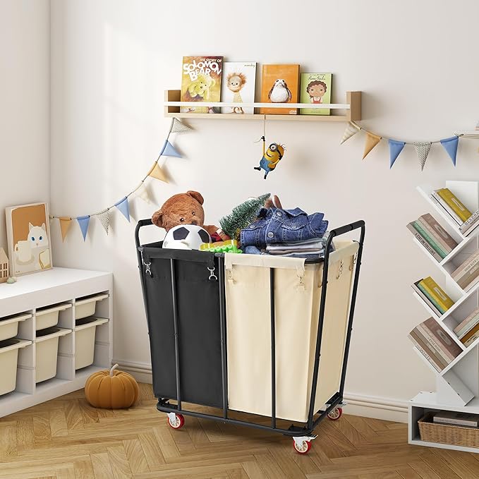 Hoctieon 2 Section Laundry Sorter Cart, 400L Rolling Hamper with Wheels, Industrial Laundry Basket Organizer, Extra Large Dirty Clothes Hamper for Home & Hotel, Heavy Duty, Black+Beige-NeatNest