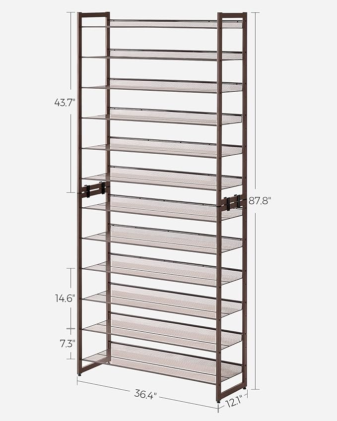 SONGMICS Shoe Rack, 12-Tier Shoe Organizer, Metal Rack for Garage, Set of 2, 6-Tier Stackable Shelf, with Adjustable Flat or Angled Shelves, Holds 48-60 Pairs, Bronze ULMR12A-NeatNest
