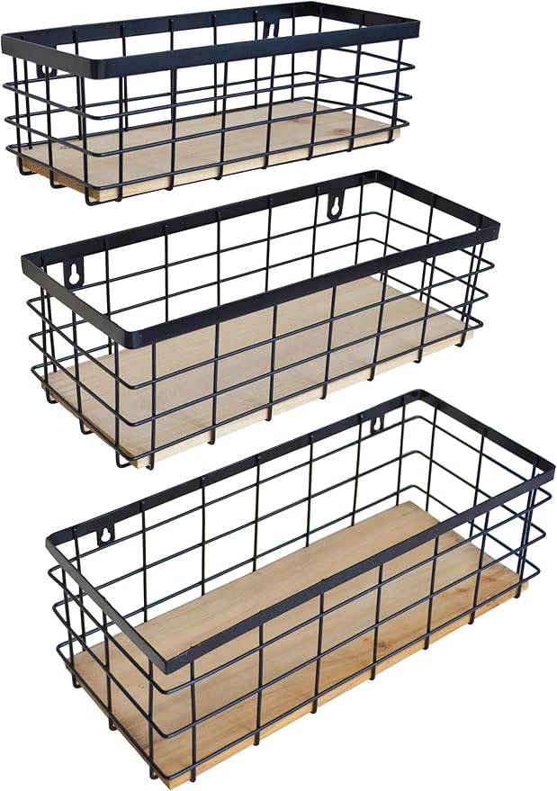 Metal Wire Basket Detachable Wood Base Storage Organizer Farmhouse Bin for Kitchen Cabinets, Bathroom, Pantry, Laundry Room, Closets Set of 3,Black Color