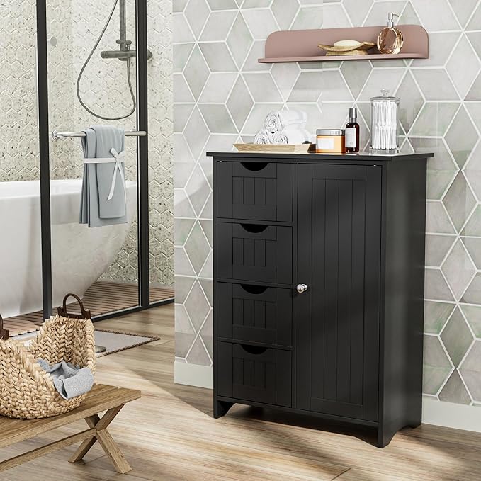 JUMMICO Bathroom Storage Cabinet, Floor Cabinet with 4 Drawers and 1 Adjustable Shelf, Storage Oragnizer for Living Room, Kitchen, Bathroom (Black)
