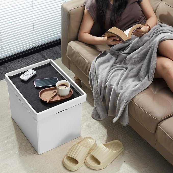 AmasSmile Storage Ottoman Folding Foot Rest Stool, Leather Footstool Bench, Short Ottoman Stool, Storage Foot Rest Store, Books (White, 17" D x 13" W x 13" H)-NeatNest