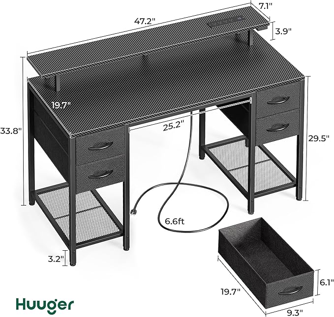 Huuger 47 inch Computer Desk with 4 Drawers, Gaming Desk with LED Lights & Power Outlets, Home Office Desk with Large Storage Space for Bedroom, Work from Home, Carbon Fibre Black-NeatNest