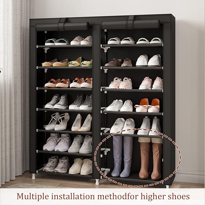 MOYIPIN Shoe Rack Storage Organizer, Double Row Portable Nonwoven Fabric Cover Shoe Rack Holds up to 28 Pairs 36.2 x 11.2 x49.2 Inches Black-NeatNest