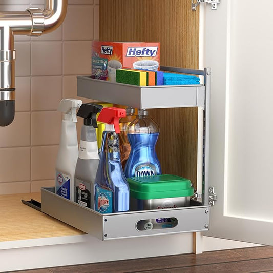 Sorbus Under Sink Organizer with Sliding Tracks – Pull Out Cabinet Organizer with Drawer & Installation Rails – Under Cabinet Bathroom Storage Organizer for Kitchen, Pantry, or Vanity –Silver 1 Pack-NeatNest